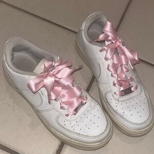 Nike Women's White Sneakers with Pink Ribbon Laces